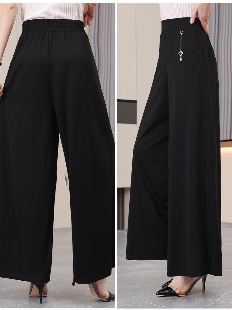High-Waist Wide-Leg Drapey Pants for Middle-Aged & Elderly Women - Casual, Loose, Straight-Leg Fit for Spring & Autumn