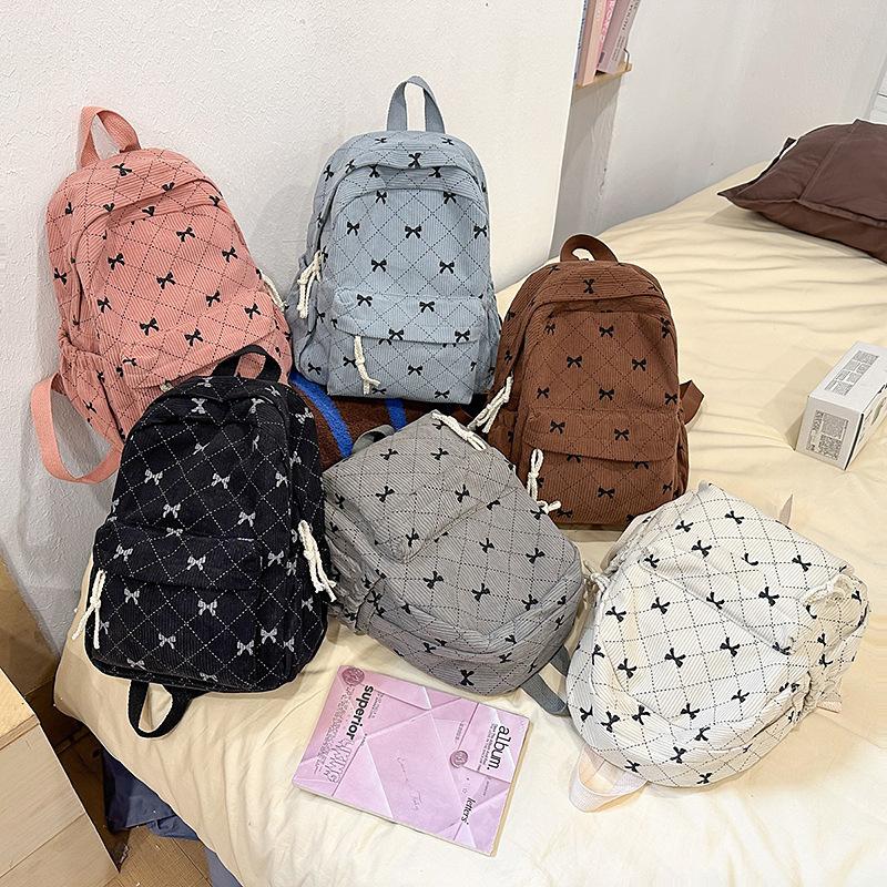Schoolbag corduroy bow small backpack girls high value small schoolbag simple ins wind small casual backpack women