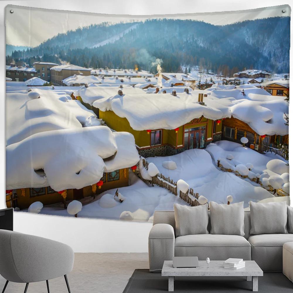 Snow Covered House Tapestry Wall Hanging Christmas Festival Natural Landscape Art Background Cloth Home Decor