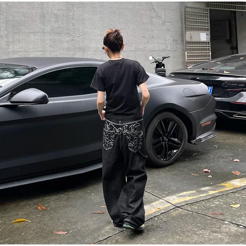 Vintage Embroidery Black Jeans Women Oversized Streetwear Y2k Baggy Denim Trousers Boyfriend Jeans Hip Hop Gothic Female Jean