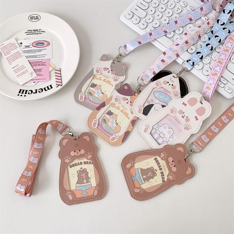 Porta Badge per Carte in Pelle con Cucciolo e Gatto Cartoon, 3 Pollici, con Cordino da Collo, Porta Badge per Campus, Porta Badge Identificativo per Studenti