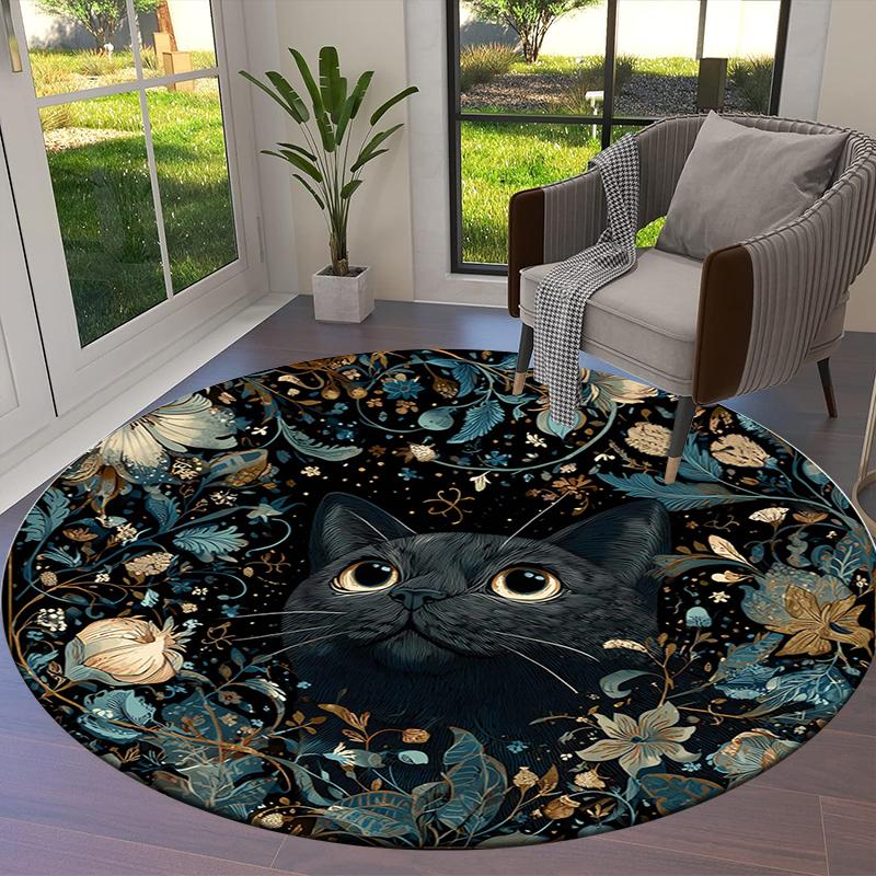 Cartoon Black Cat Round Area Rug,Carpet Rug for Living Room Bedroom Sofa Playroom Decor,Non-slip Floor Mat