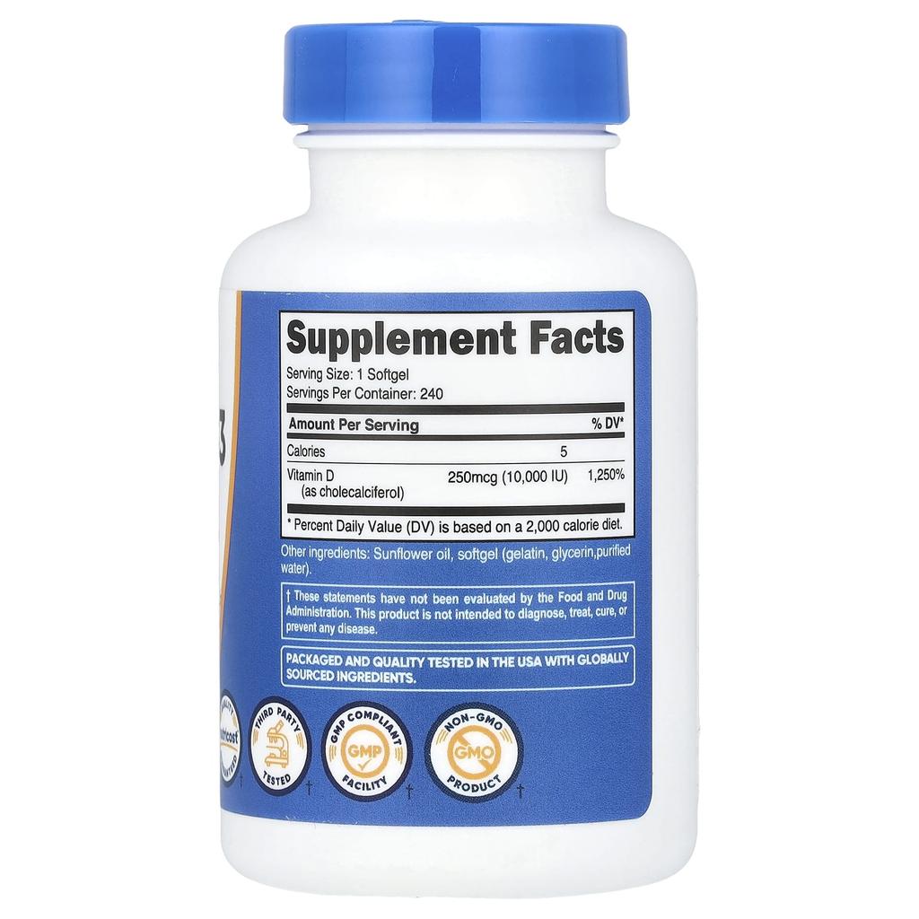 Vitamin D3, 250Mcg (10,000Iu), 240 Softgels