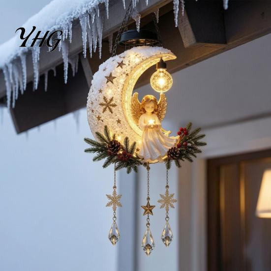 Weather Resistant Resin Ornament Solar Angel Moon Light, Christmas Hanging Lantern with Warm Glow, Outdoor Decor Yard Decoration for Porch Tree, Faux