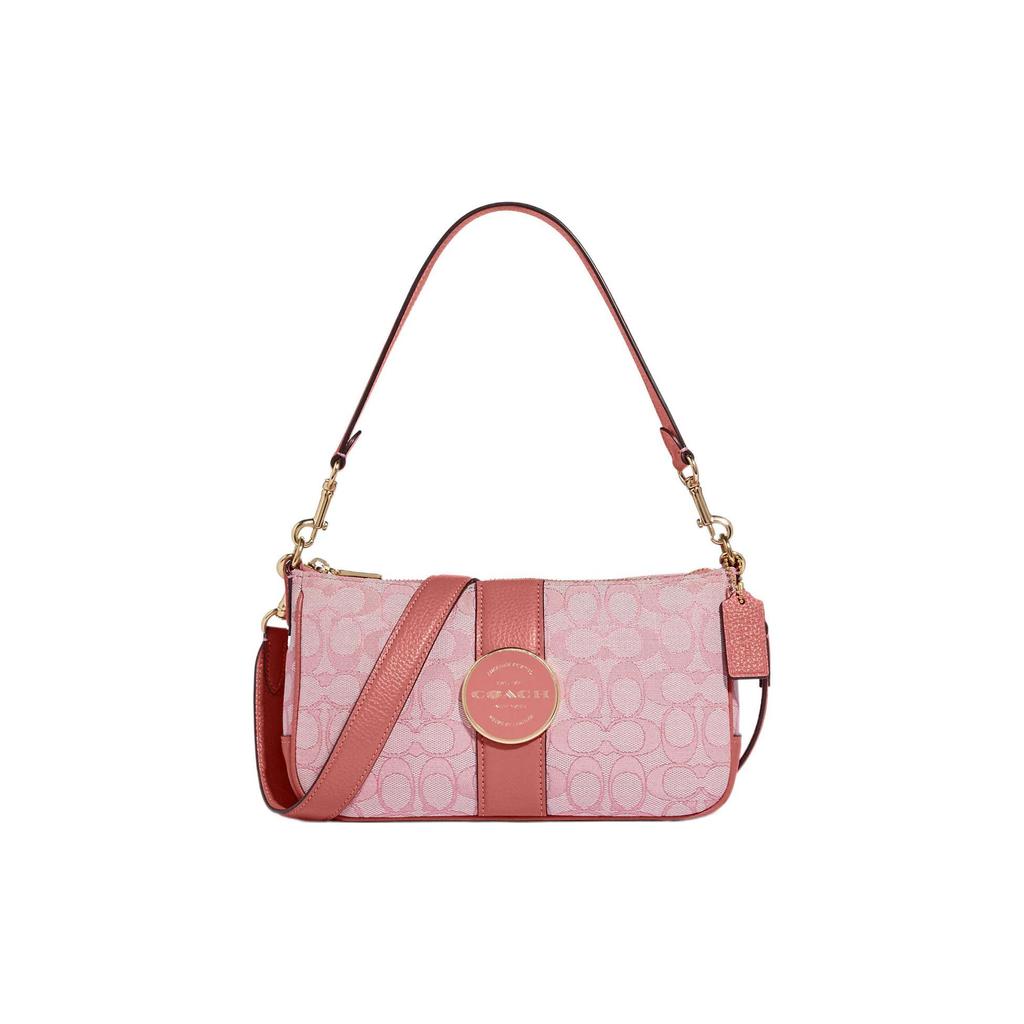 Coach Lonnie 25 Classic Monogram Print Chambray Light Color Fabric And Leather Shoulder Bag Women Shoulder Bag Light-Blue Pink Rose C8306-IMRRJ