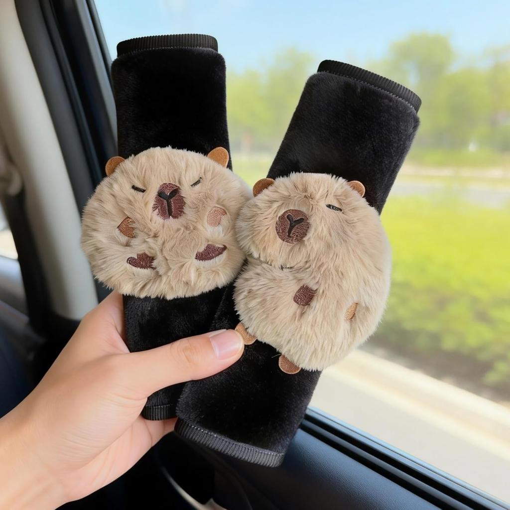 2 PCS Seat Belt Cover Pad, Cute Kawaii Animal Capybara Seatbelt Covers for Kids, Soft Seatbelt Cushion, Car Seat Strap Pads (White(A))