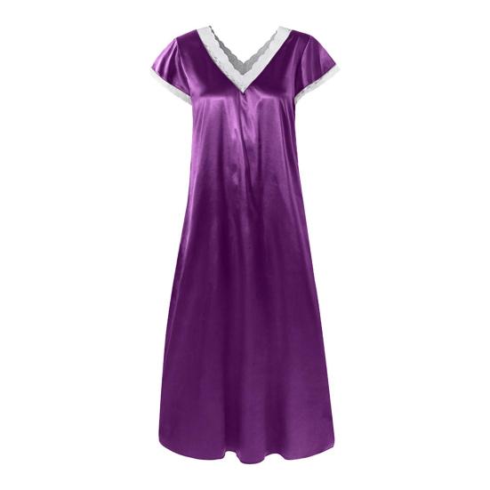 Women Nightgown Lace Trim V Neck Short Sleeves Solid Color Satin Dress Sleep Gown Pajamas Sexy Loose Long Nightdress Sleepwear