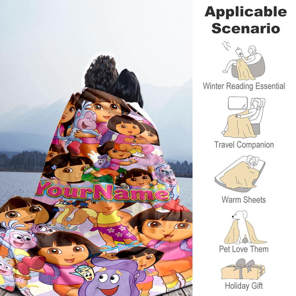 Dora Explorer Personalized Name Blanket Multi-purpose Customizable Blanket Soft & Cozy for Picnics Living Room Livingroom Bedding Ideal for All Season