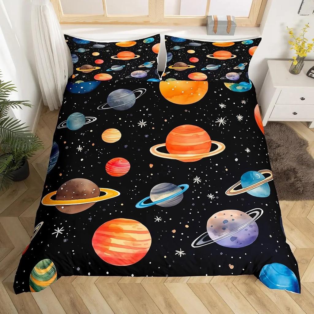 Planet Kids Duvet Cover Planets Rockets Airships Outer Space Galaxy Bedding Set,Stars Dots Comforter Cover Cartoon Quilt Cover