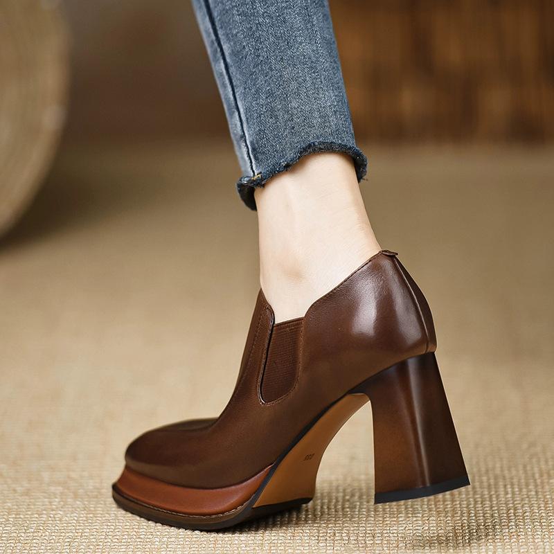 Retro Thick Soled Waterproof Platform High Heels Women Coarse Heels Spring New Style Non Tiring Deep Square Head Shoes