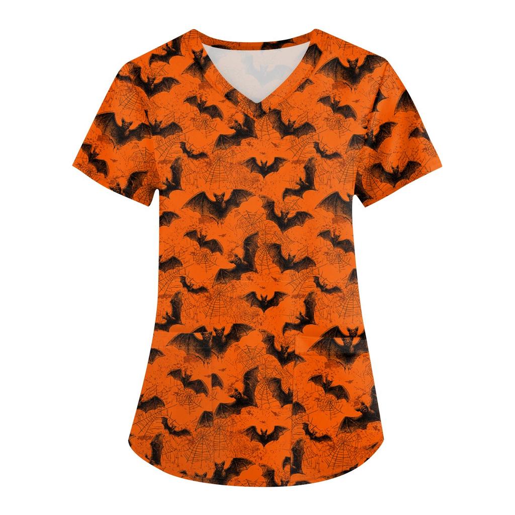 Women's Printing Uniform Work Uniform V-neck Pockets Basic Short Sleeve Pullover Top