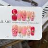 Handmade Press On Nails Pink Red Gradient with 3D Flower & Star Charm Details