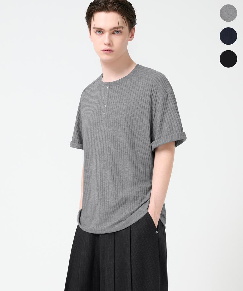 TRILLION Ribbed Ring Snap Henley Neck Short Sleeve T-Shirt_3Color