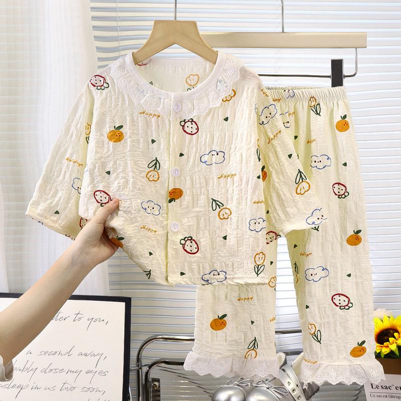 Summer Floral Lace Cotton Pajama Set for Girls: Nine-Sleeve Korean Style Air Conditioning Homewear