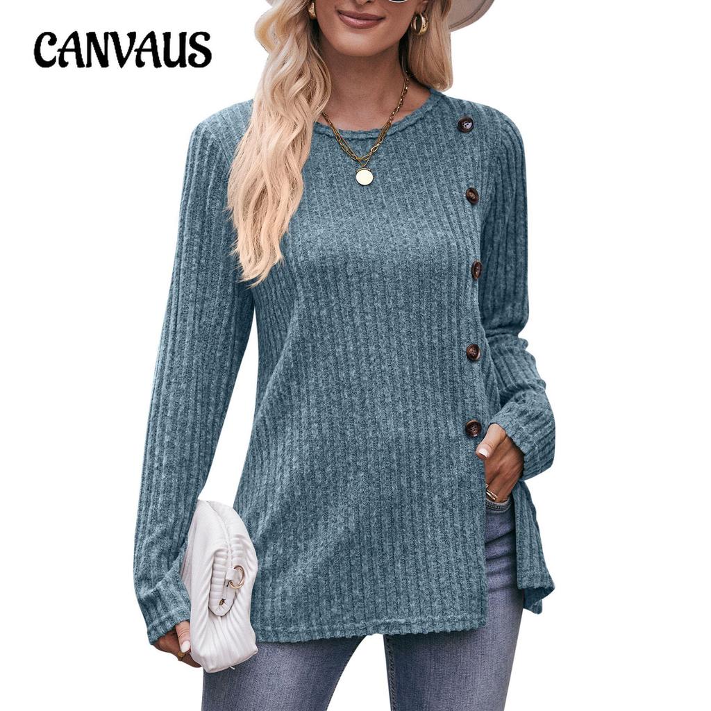 Autumn and Winter Women's Blouse Solid Color Round Neck Pit Stripes Abrasion Slit Fashion Button Long Sleeve Tops