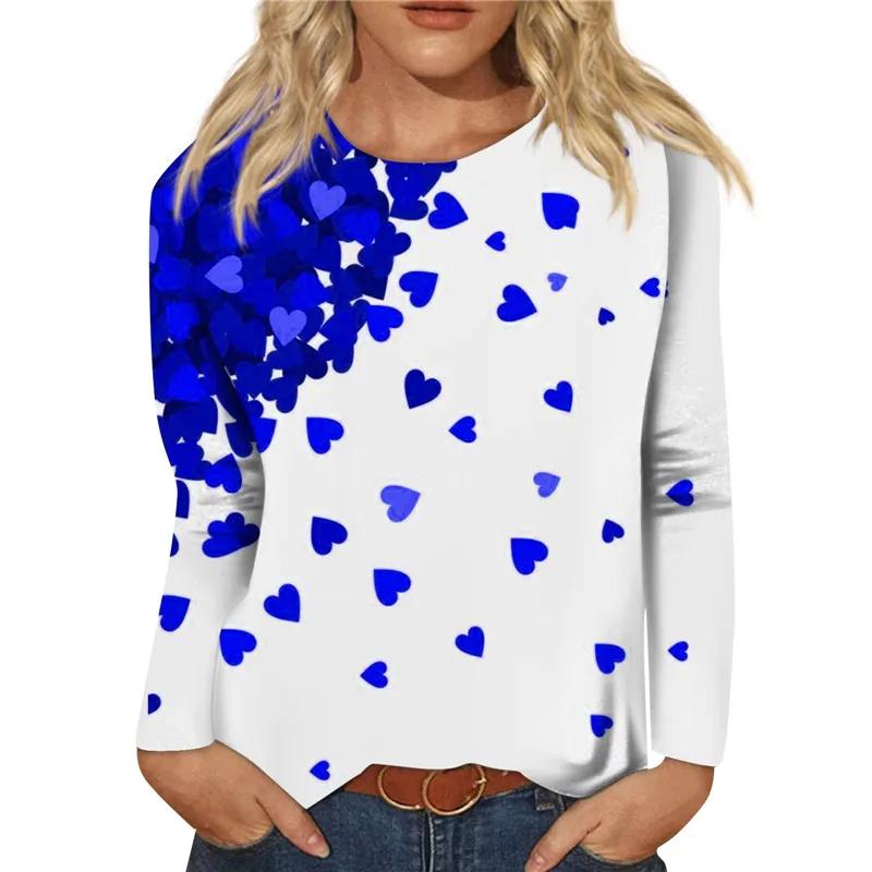 Women's Casual Long-sleeved T-shirt with Red Rose Heart Shape and Black Polka Dot Print Spring/Autumn Fashion Top