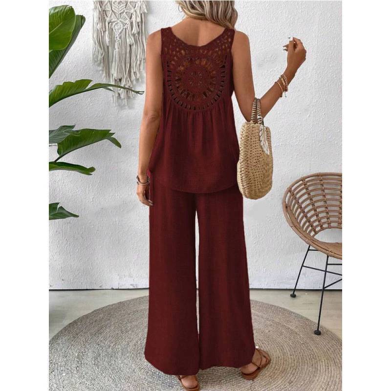 Bohemian Style Sleeveless Top And Wide Leg Pants Set With Polyester Fabric For Casual Summer Wear