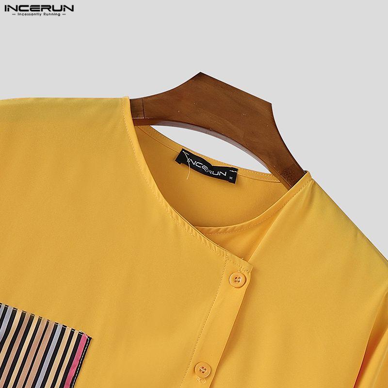 INCERUN Men 3/4 Sleeve Stitching Print Front Cross Splits Casual T-Shirts Tops
