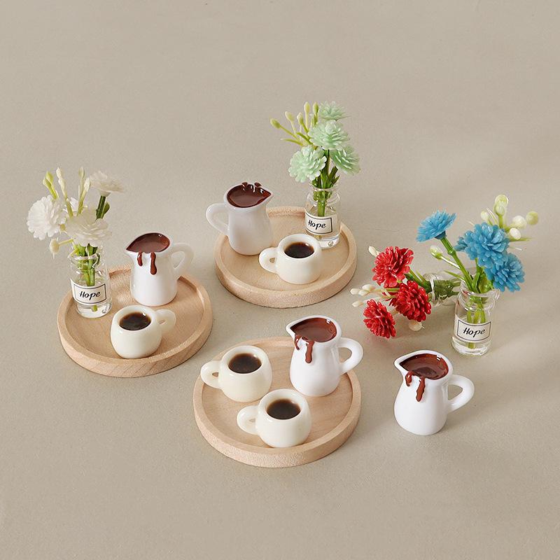 Miniature Wooden Dollhouse Tray with Coffee Cup and Vase Ornament
