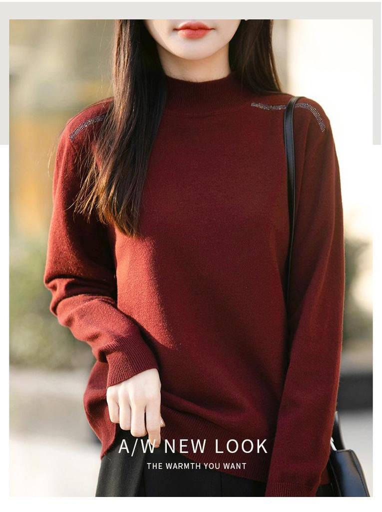 French Minimalist Rhinestone High Neck Knit Sweater for Women - 2025 Edition Thick Warm Base Layer