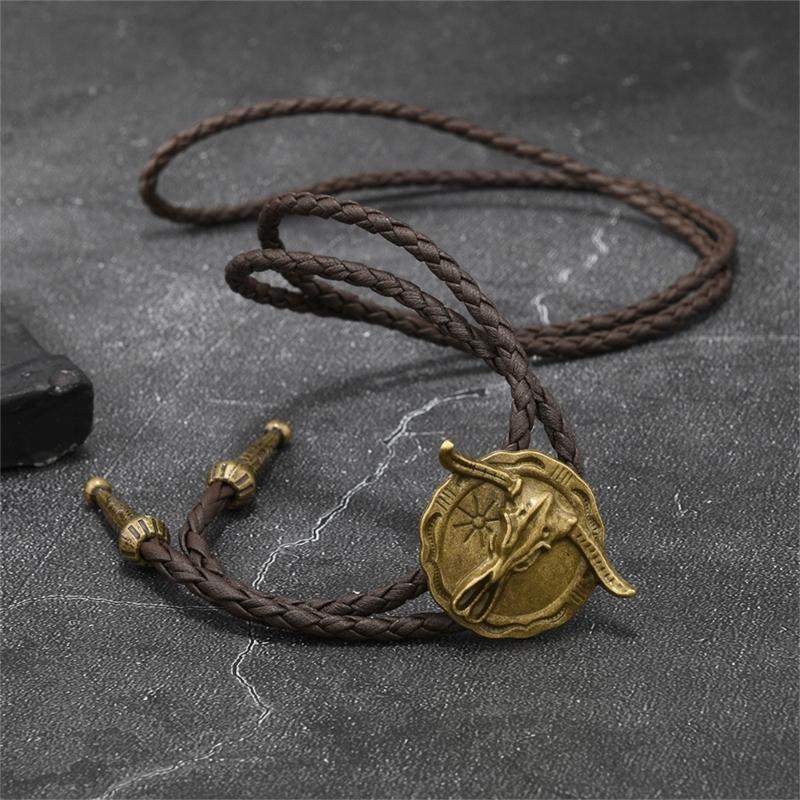 Vintage Western Cowboy Alloy Bullhead Bolo Tie Necklace Adjustable PU Cord Necklace For Men And Women