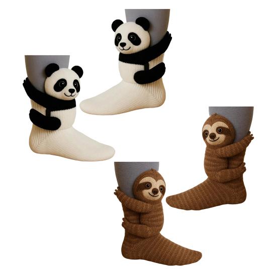 2 Pairs 3D Knit Animal Socks Hand Crocheted Animal Doll Socks Sloth Cute Warm Winter Socks for Men Women Animal Lovers Gifts