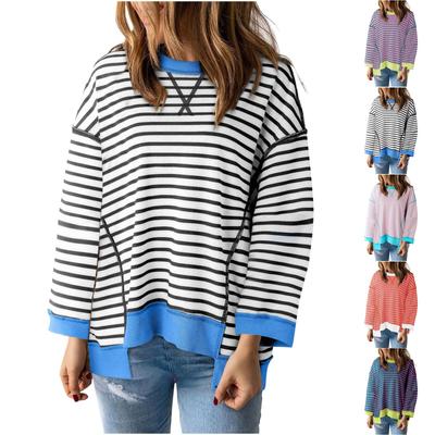 Women's Casual Loose Fitting Pullover Sweatshirt Stripe Print Split Stitch Long Sleeved Sweatshirt