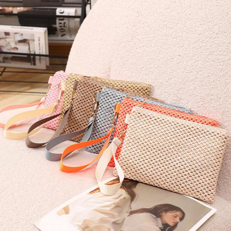 Fashion Straw Woven Bag For Women Hollow Out Beach Handbag With Wrist Strap Portable Phone Purse Solid Color Simple Cash Bag Summer Accessory