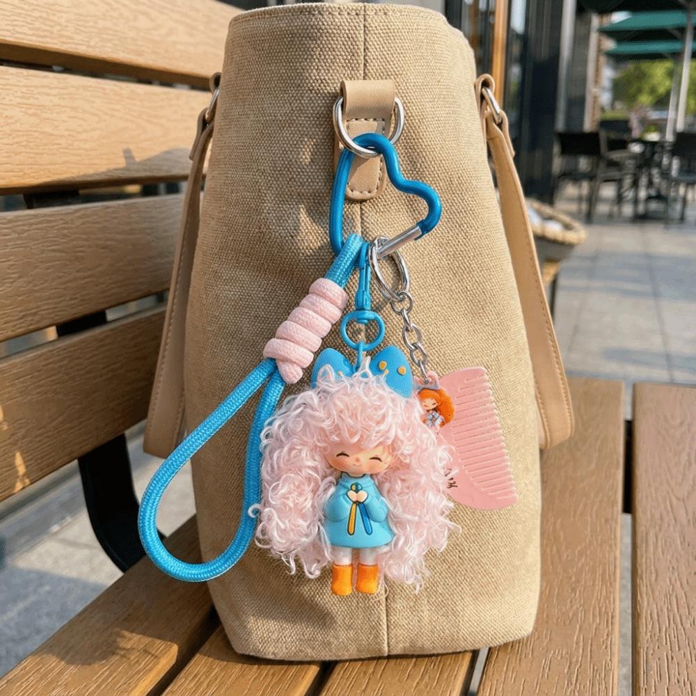 Soft Rubber Curly Hair Doll Keychain Colorful Bag Pendant Sweet Halyard Heart Keyring Kids Gift