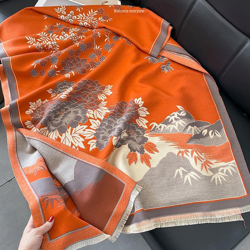 Retro Floral Chinese-Style Imitation Cashmere Shawl for Women - Cozy Winter Office Blanket & Elegant Air-Conditioned Room Scarf for Mothers