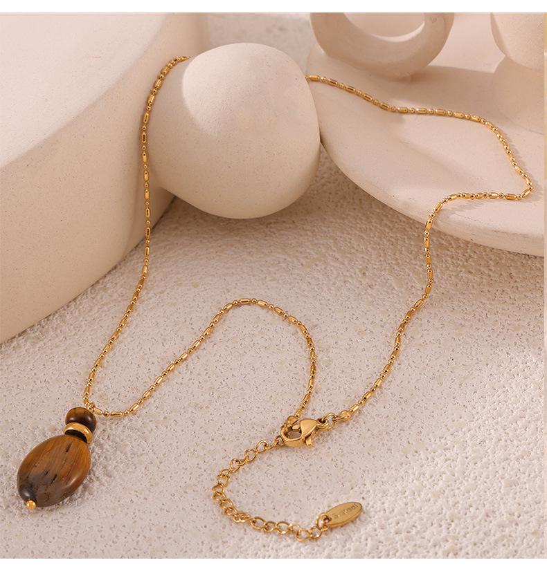 Maillard Geometric Tiger Eye Oval Pendant & Earrings Set In 18K Gold-Plated Titanium Steel