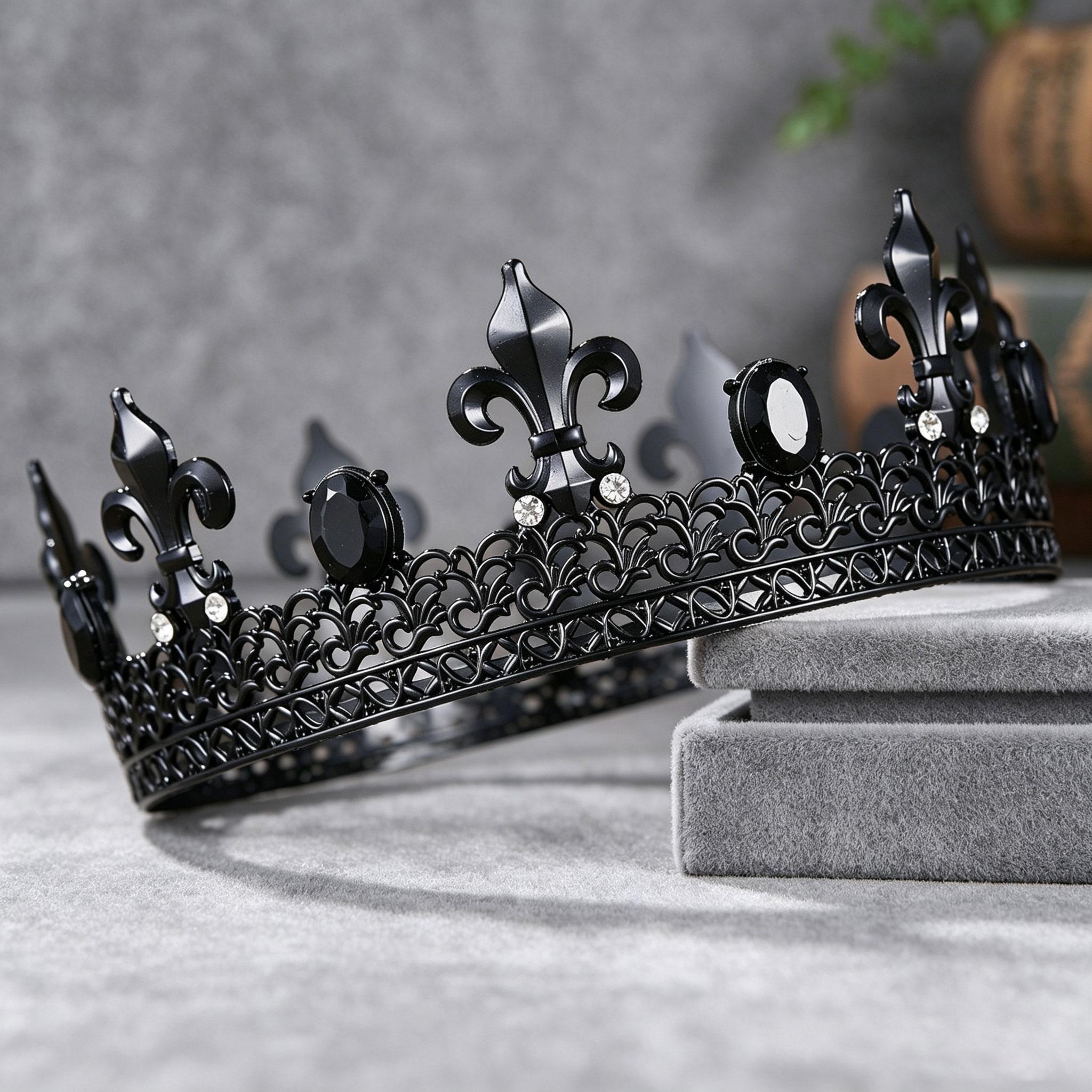 Pánska zlatá korunka s kryštálom Fleur-de-lis - Vintage kráľovská filigránska tiara pre ženícha, svadbu, ples, cosplay, Halloween, narodeninovú oslavu gray