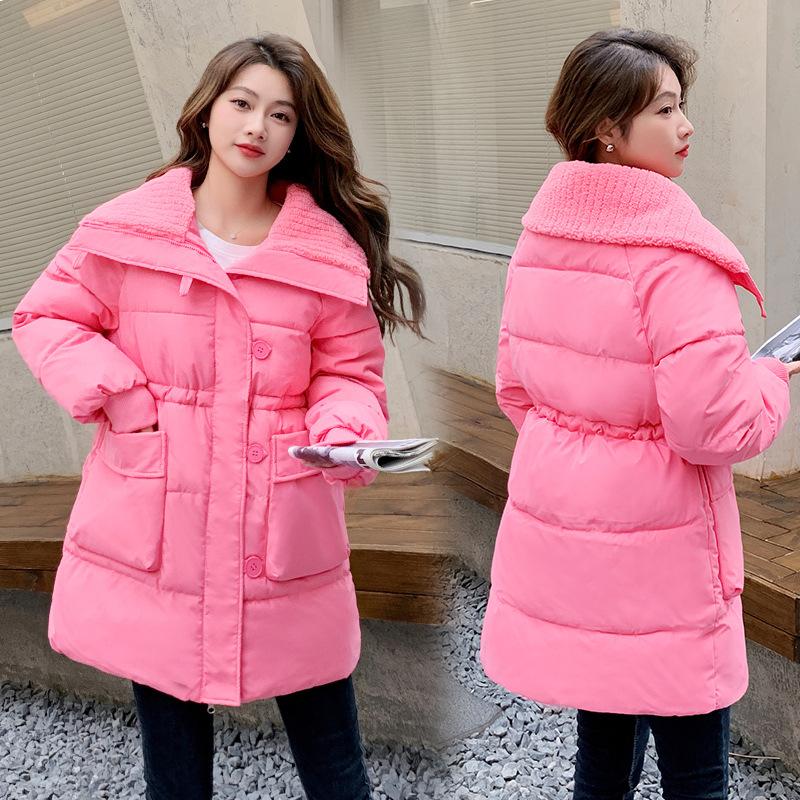 Dopamine rose red medium and long down cotton-padded clothes, autumn and winter new over-the-knee thickened large lapel jacket