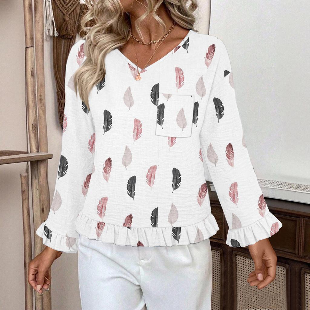 Women's Casual Fashion Ruffle V-Neck Pocket Print Long Sleeve Top