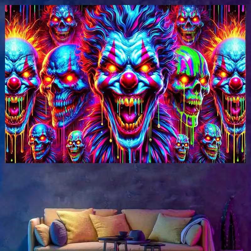 2D Blacklight Evil Clown Backdrop with Glowing Skulls Halloween Party Decor