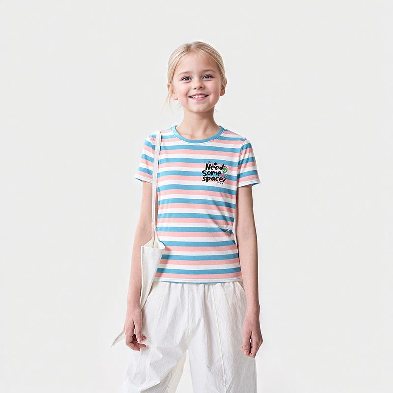 Kız Çocukları İçin Uyumlu Çizgili Kısa Kollu Tişört Çocuk Yazlık Nefes Alabilen Üst Yazılı