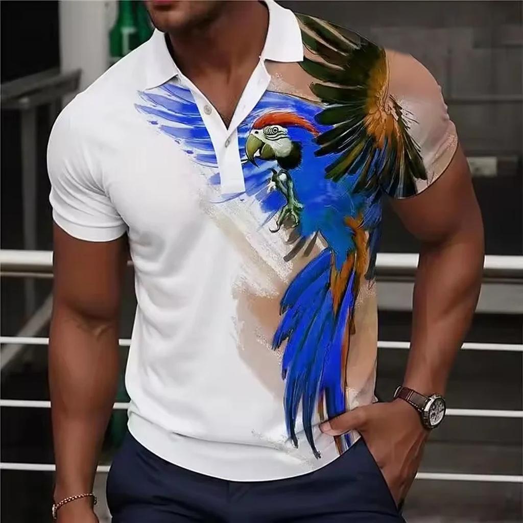 Trendy Men's Parrot Graphic Short-sleeve Polo Shirt, Casual Fashion Top