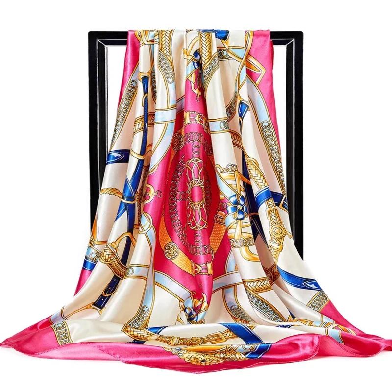 90*90Cm Satin Scarf For Women Cashew Flower Print Chain Scarf Spring And Summer  Style Shawl Scarf For Women   Style