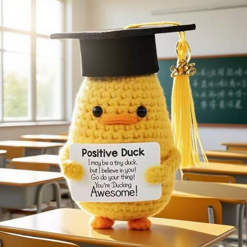 Anatra a Energia Positiva Divertente Peluche Fatto a Mano in Lana Con Biglietto Regalo di Laurea Bambola Lavorata a Maglia Carina Decorazione per la Casa e la Stanza
