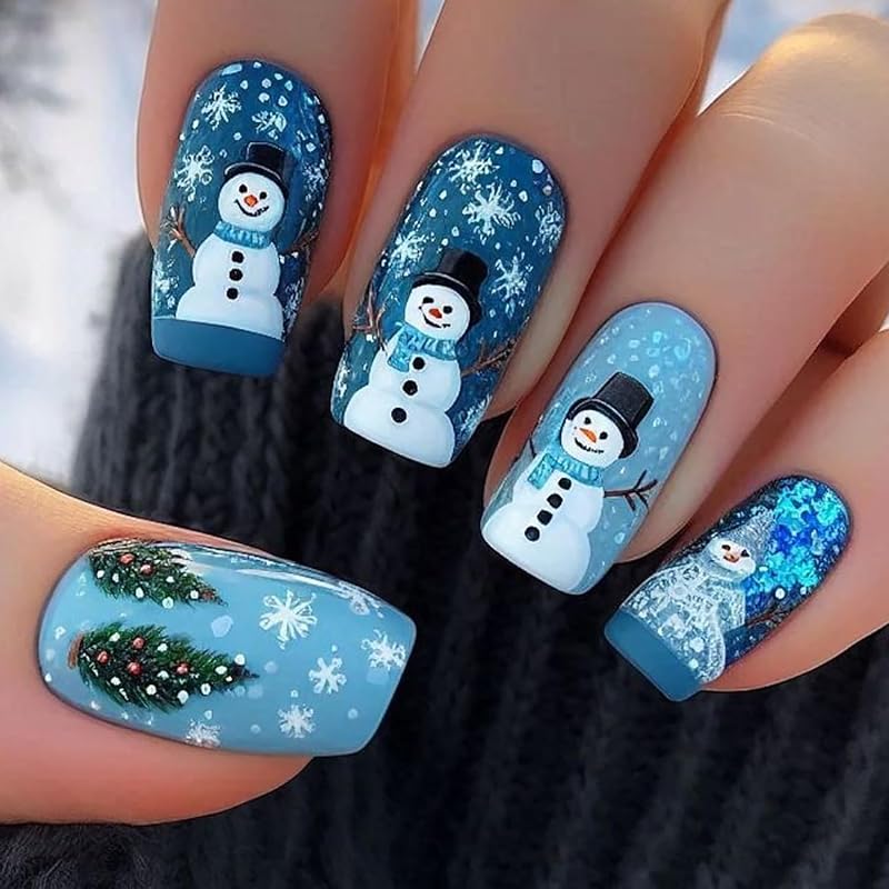 Snowflake Press on Nails Christmas Long Square Fake Nails Winter Snowman Acrylic Glue on Nail Glossy Xmas Stick on Nail for Women