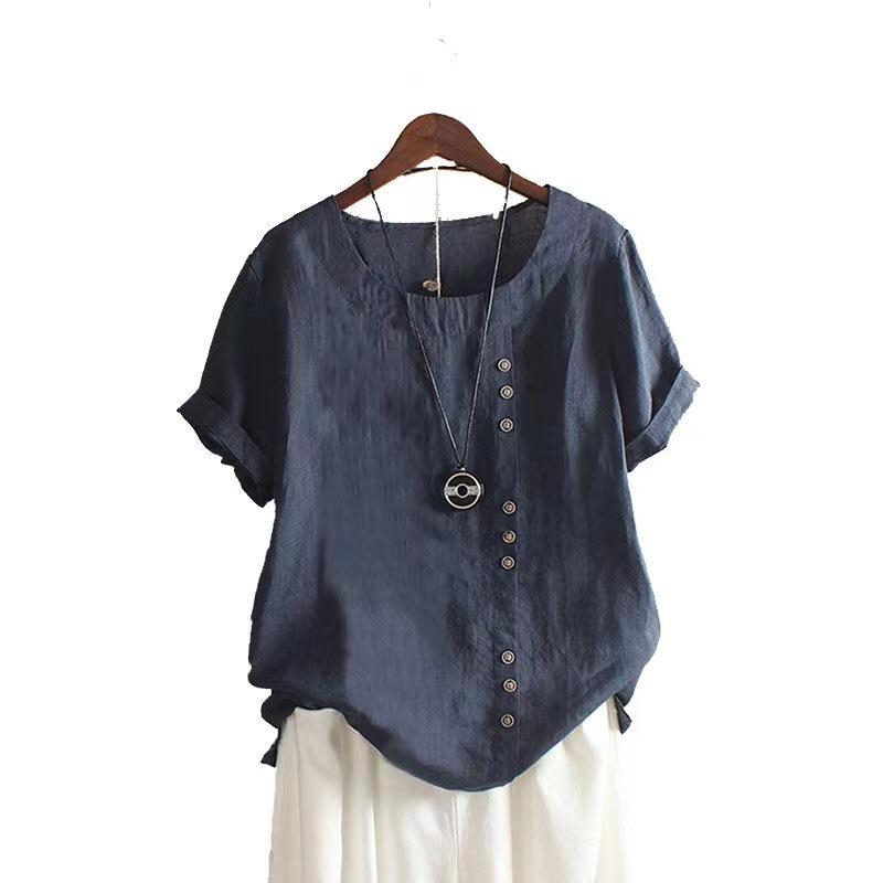 

Лето 2025 г. Женская свободная повседневная рубашка из хлопка и льна с коротким рукавом S