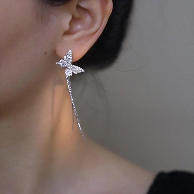 Korean female lead~ Zircon butterfly asymmetric tassel earrings light luxury high-end temperament earrings versatile earrings women