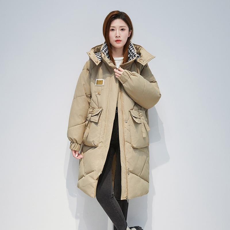 Down padded jacket padded jacket women's hooded thickened loose large size medium and long knee bread jacket tide