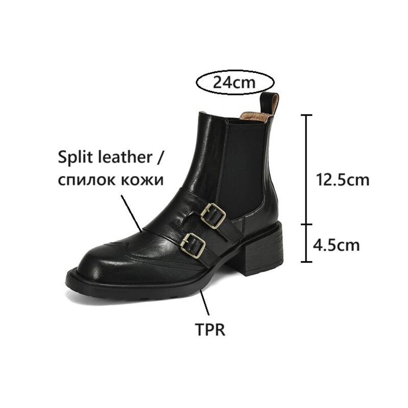 Fashion NEW Autumn Women Boots Round Toe Chunky Heel Shoes Split Leather Shoes for Women Slip-on Ankle Boots Belt Buckle Chelsea Boots