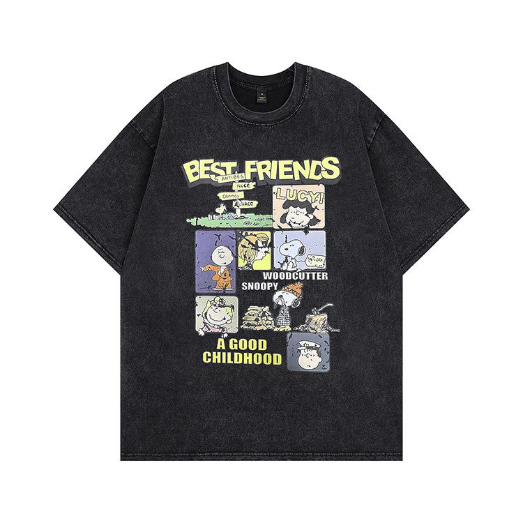 Kanye American trend retro washing water cartoon short-sleeved vintage old loose round neck men's and women's same T-shirt
