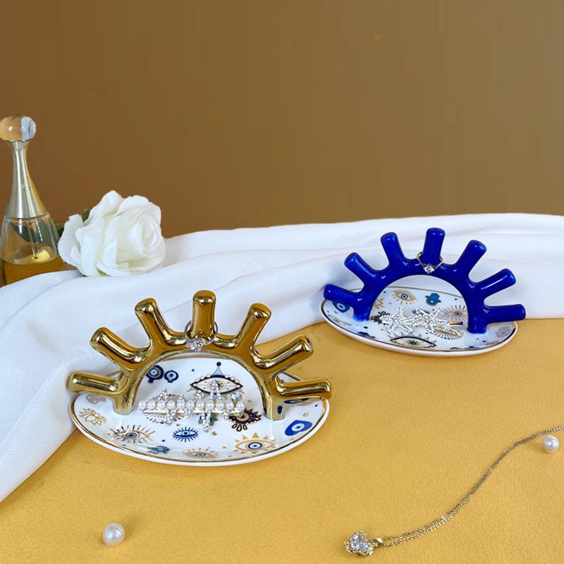 Multifunctional Ring Display Rack Earring Necklace Jewelry Storage Organizer Evil Eyes Ceramics Storage Tray Makeup Table Decor