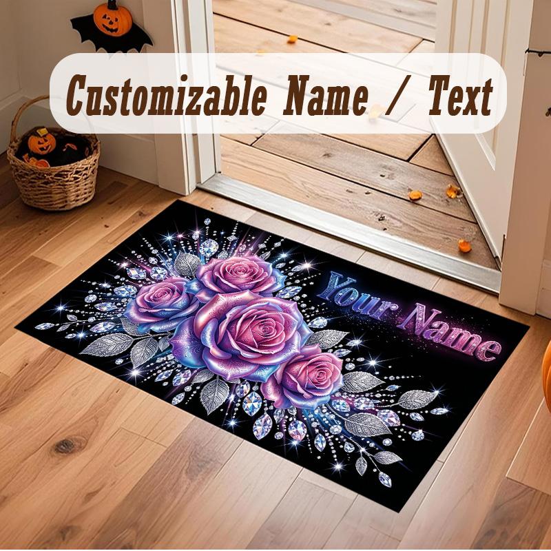 Floral Garden Theme Soft Crystal Velvet Rug Custom Name & Text Print Non Slip Floor Rug for Bedroom Living Room