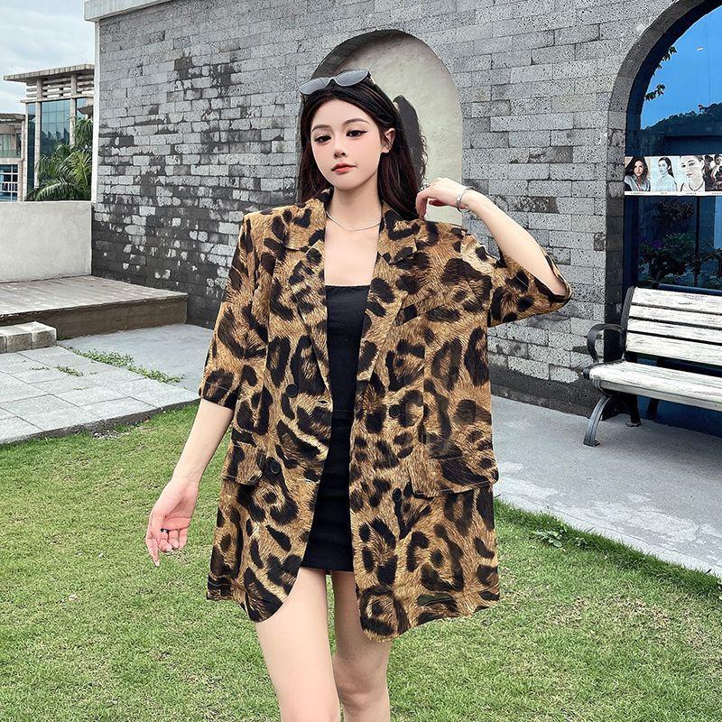 Summer Ladies Premium Retro Fashion Leopard Print Loose Short Sleeve Shirt Casual Blazer Coat Outerwear