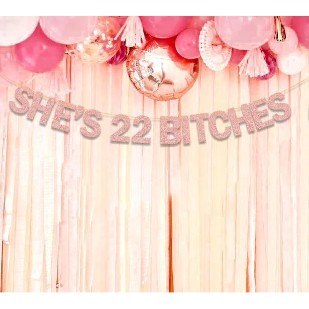 She's 22 Bitches Banner 22nd Birthday Decorations for Women, Funny Glitter 22nd Birthday Banner, Rose Gold