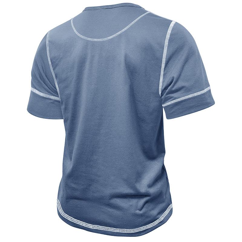 Europeisk och amerikansk stil herr sommar Henry-skjorta kortärmad färgblockerad t-shirt med knappar rund hals topp